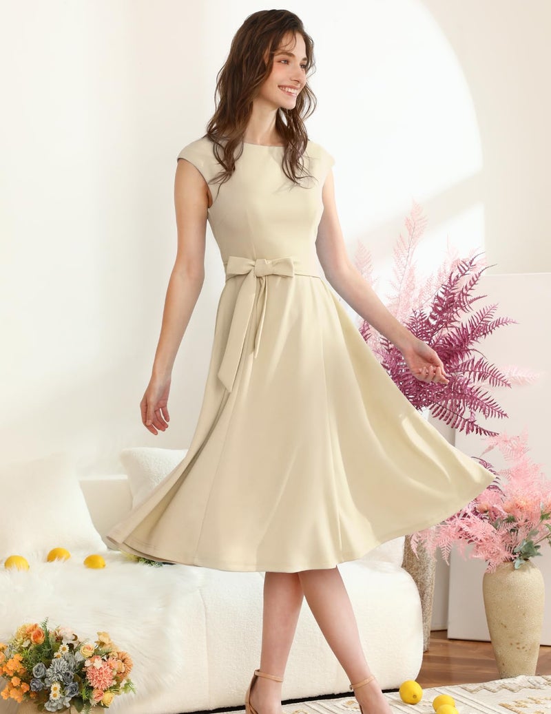 DRESSTELLS Vintage Tea Dress for Women, 1950s Cocktail Party Dresses, Modest Bridesmaid Dress for Wedding, Fit Flare Prom Dress, Plus Size Work Dress Champagne 2XL - Image 3